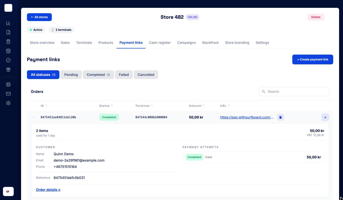 Payment links tab with status filters and an expanded link showing items, customer, reference and payment attempts