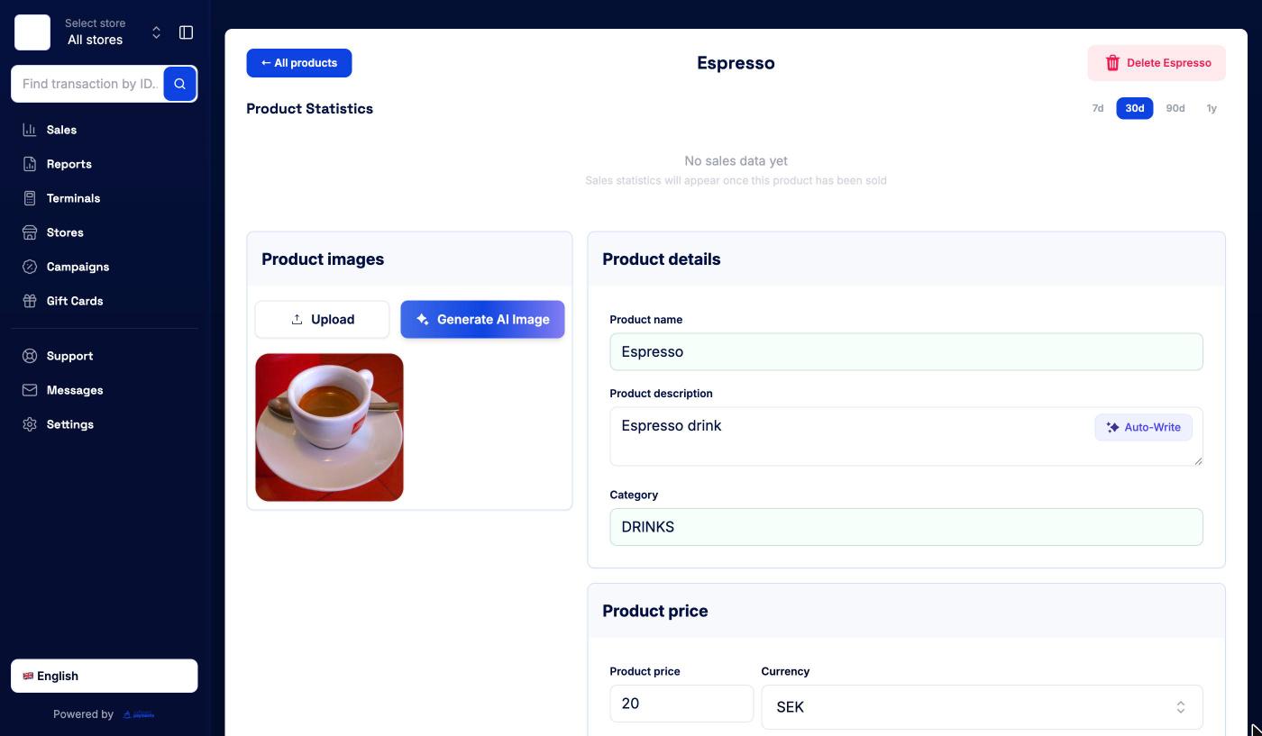Product page with Product Statistics, Product images and Product details