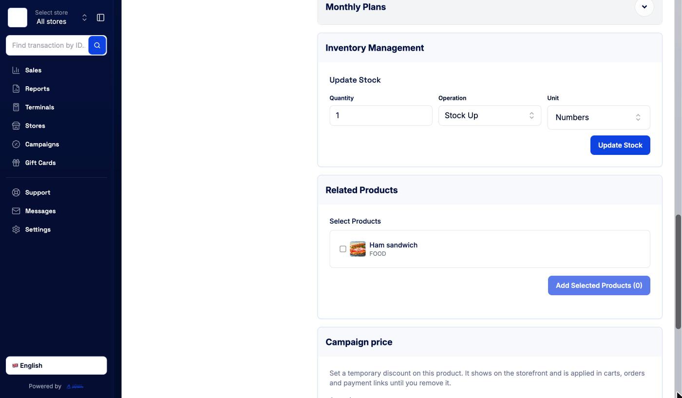 Inventory Management with quantity, Stock Up or Stock Down, unit, and Related Products