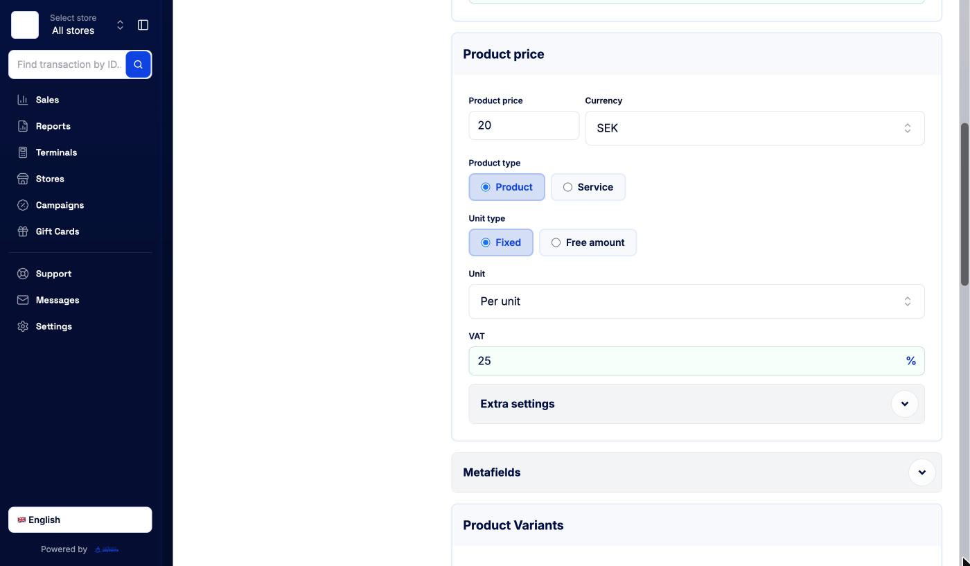 Product price section with price, currency, product type, unit type, unit and VAT