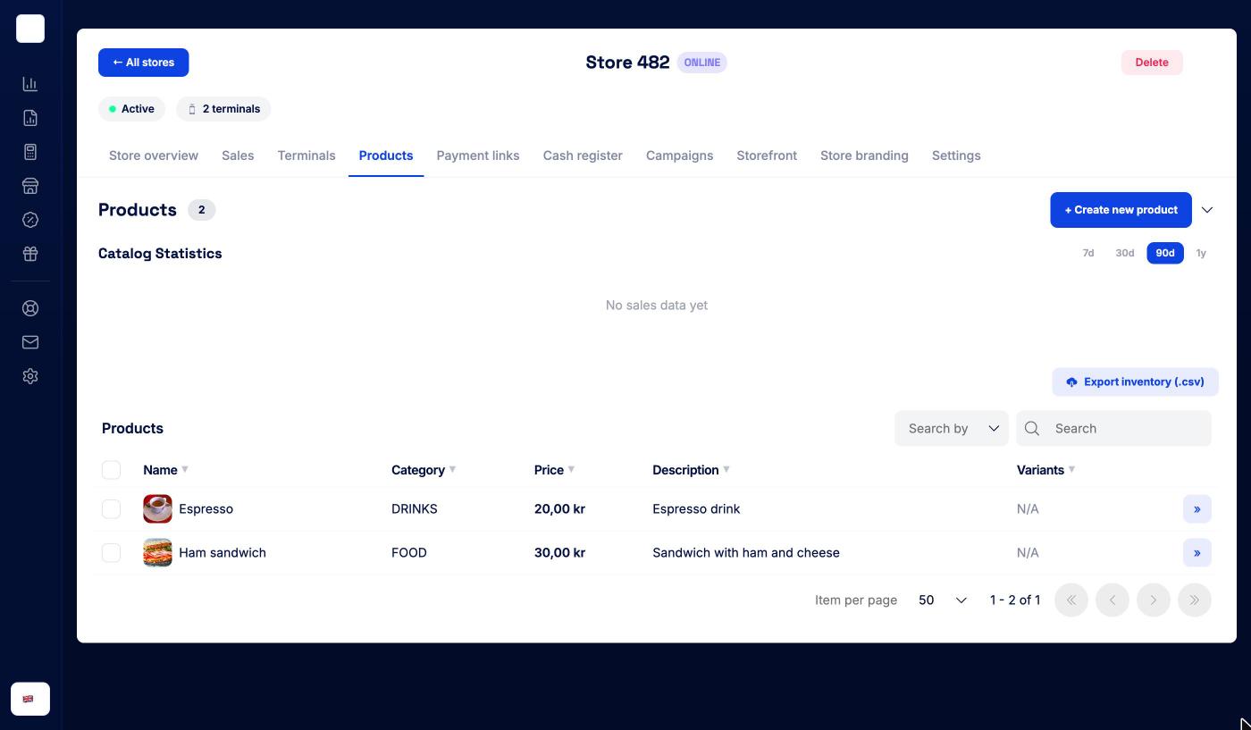 A store's Products tab with Catalog Statistics, Export inventory and the product table