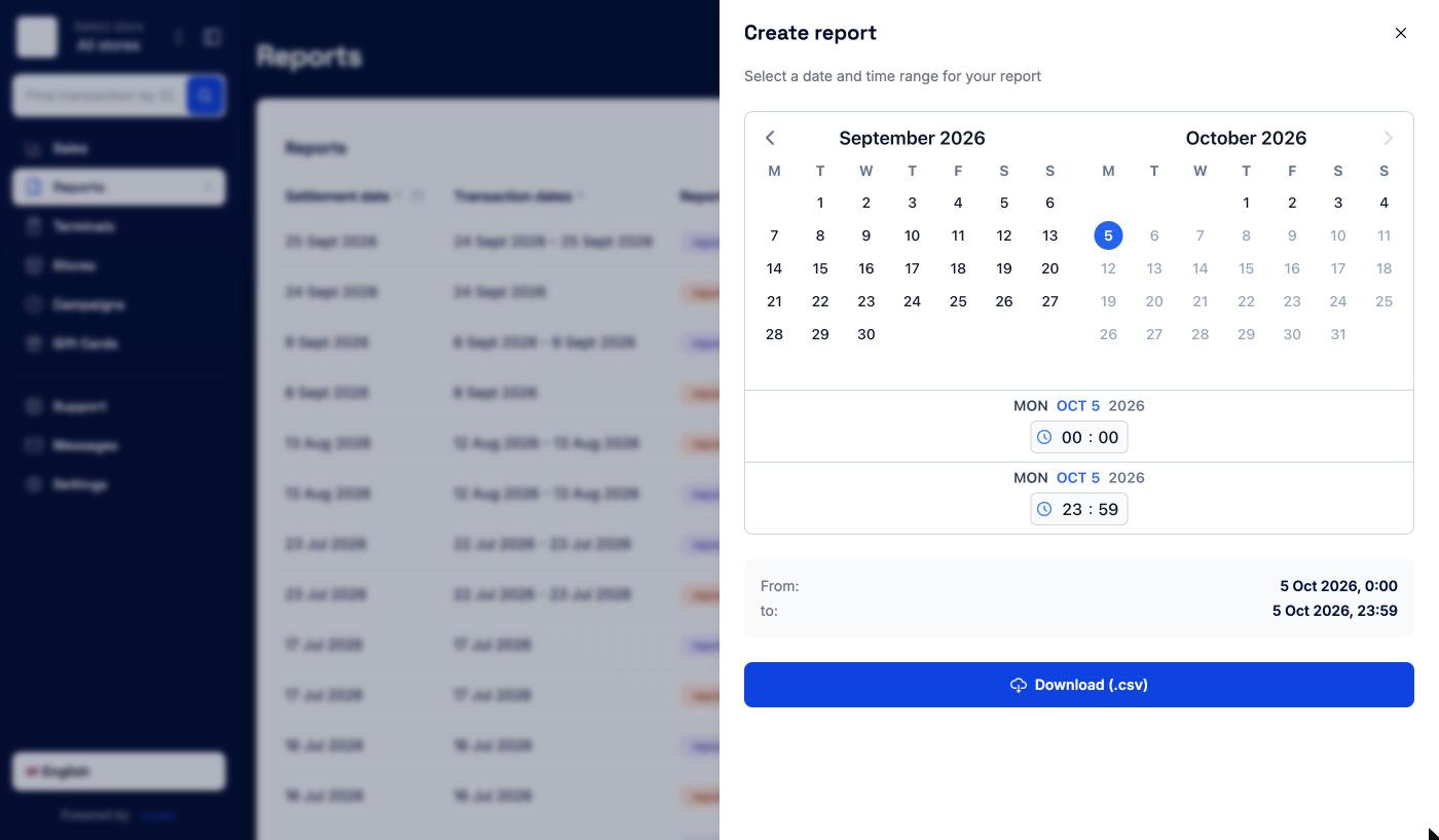 Create report drawer with a two-month calendar, time pickers, From and To, and Download (.csv)