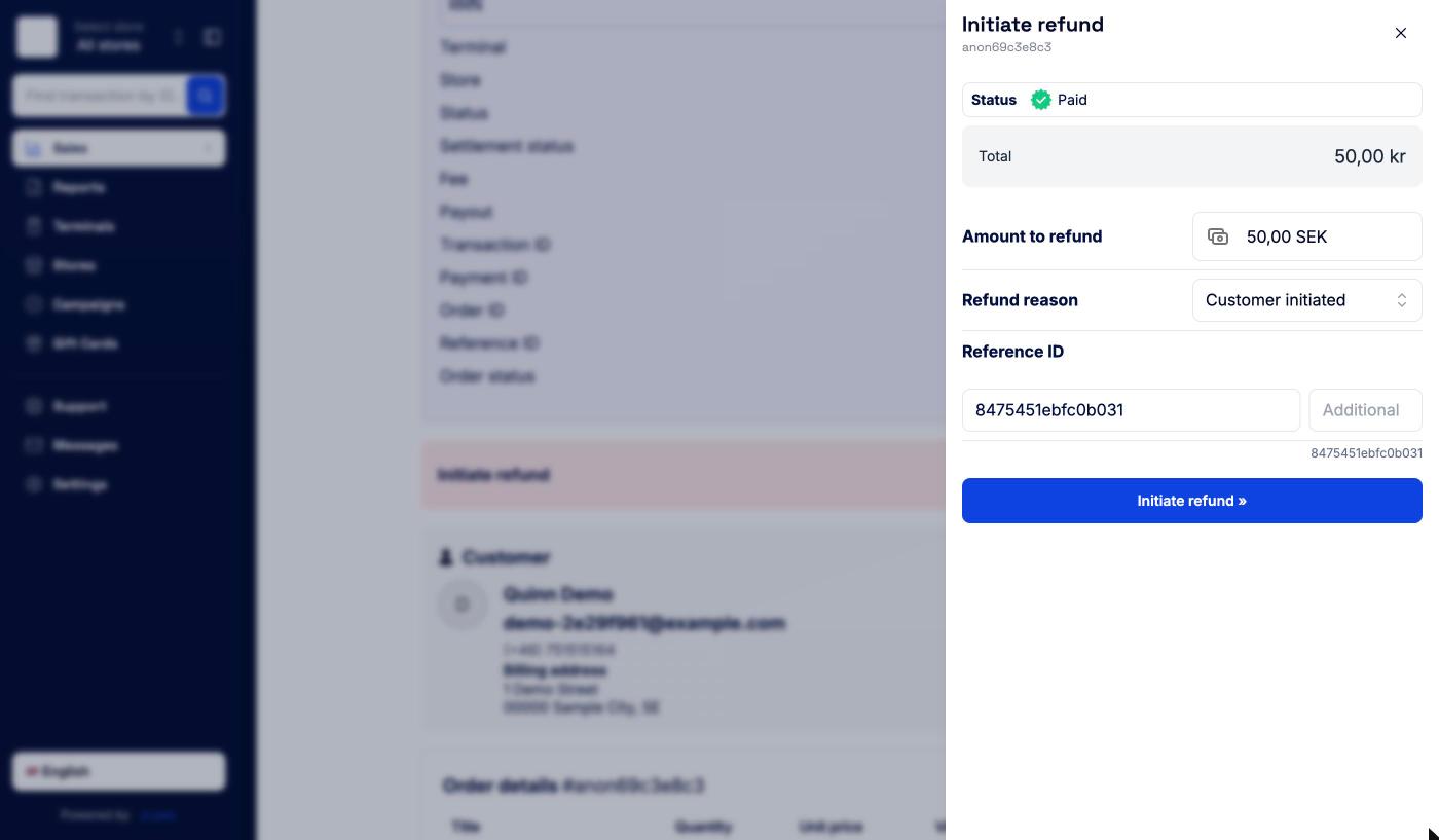 The Initiate refund drawer with amount, refund reason and reference ID