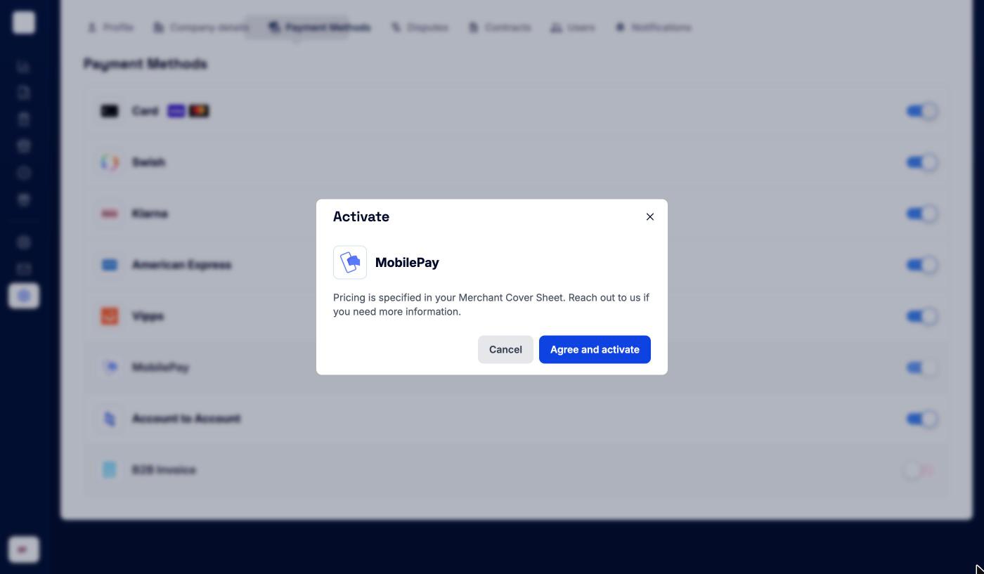 Activate dialog for MobilePay with the pricing note