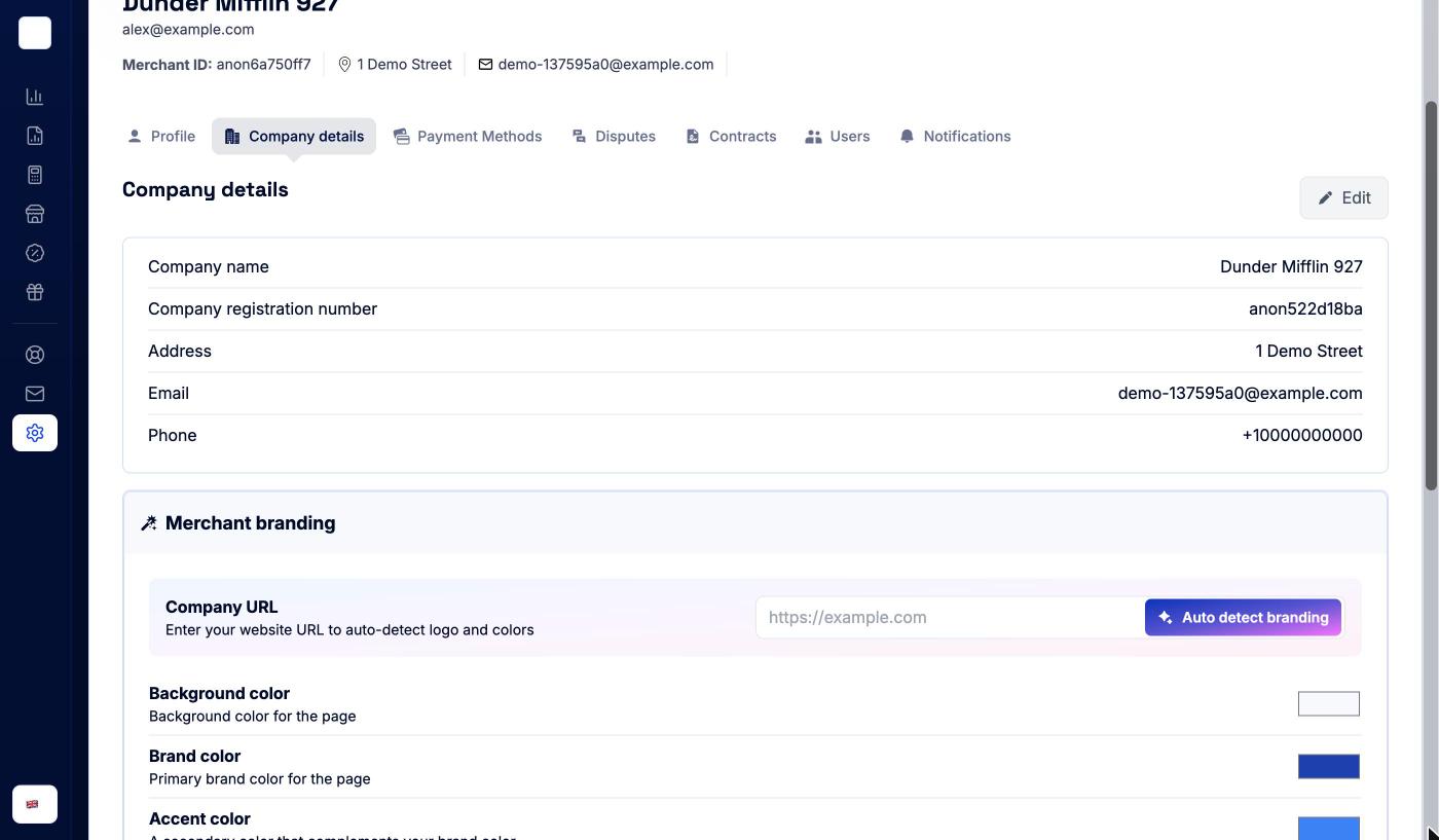 Company details tab with company name, registration number, address, email and phone