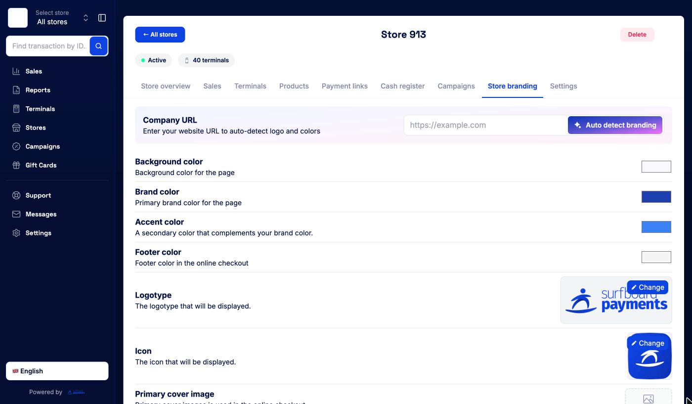Store branding tab with colours, logotype and icon