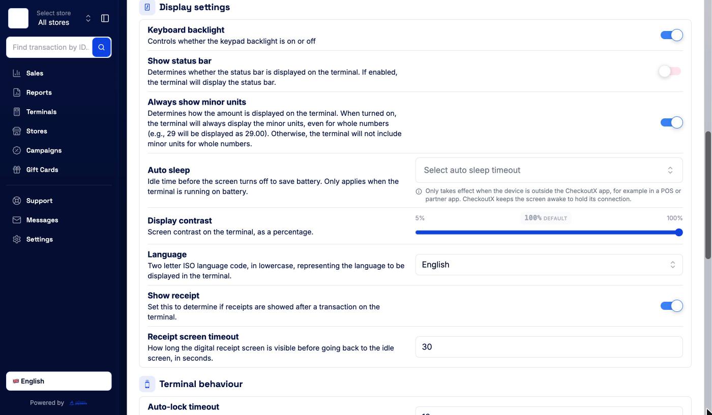 Store Settings tab with terminal display settings for the whole store