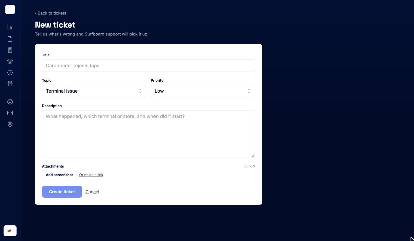 New ticket form with title, topic, priority, description and attachments
