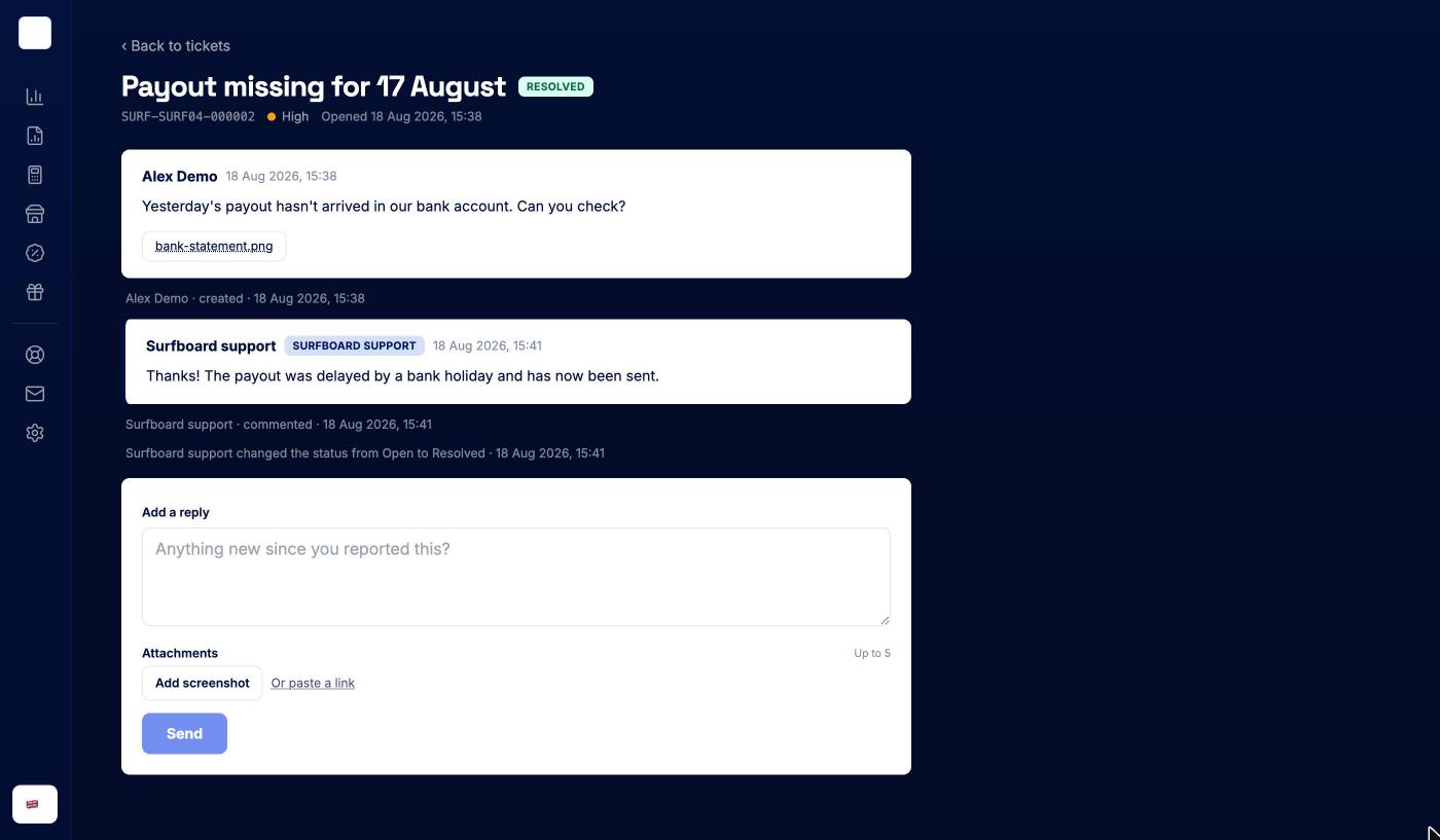A ticket with its message thread and the reply box