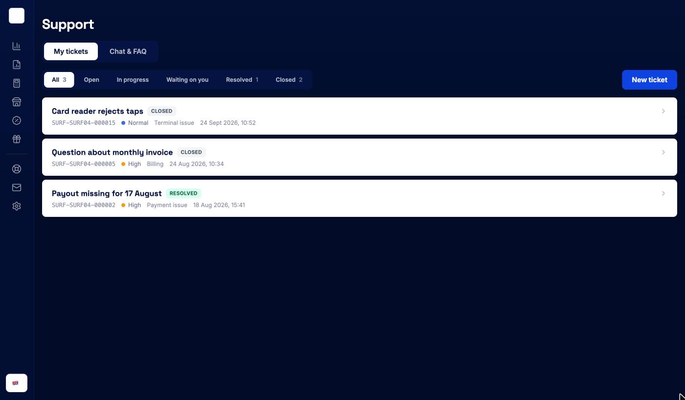 Support page with status tabs and the list of tickets