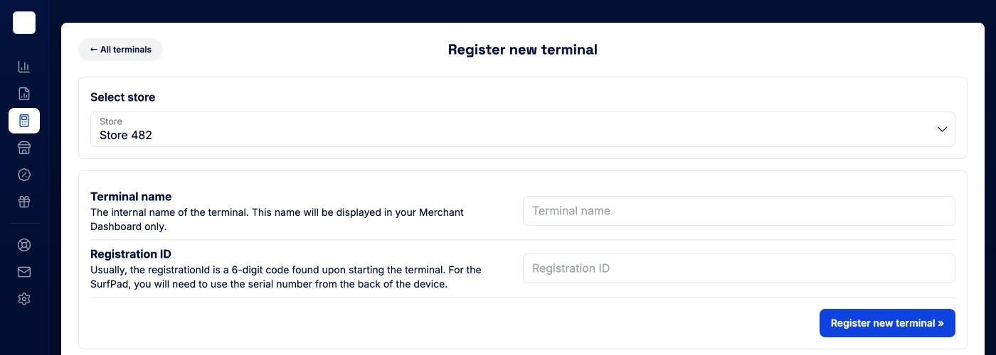 Register new terminal page with store, terminal name and registration ID
