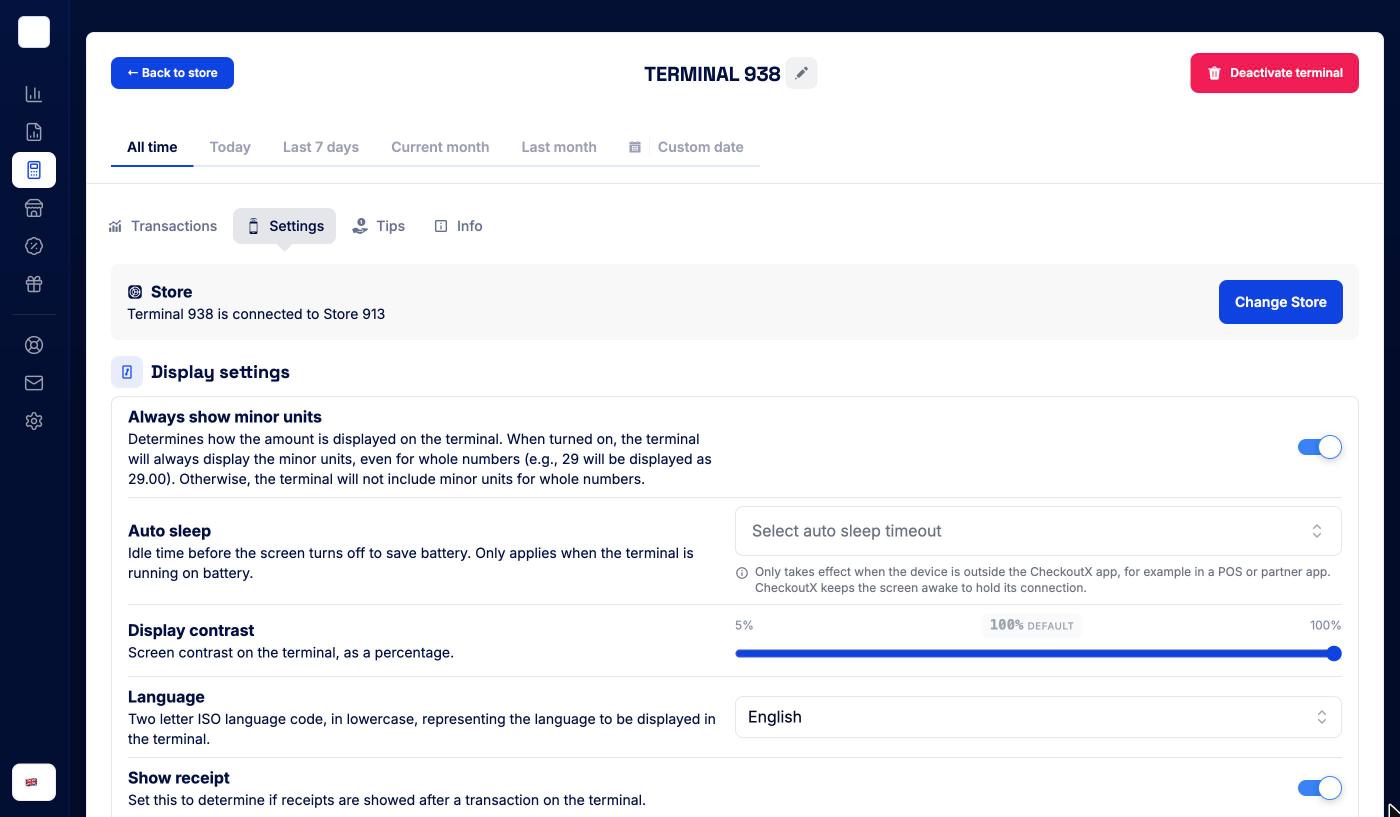 Terminal Settings tab with the store box and display settings