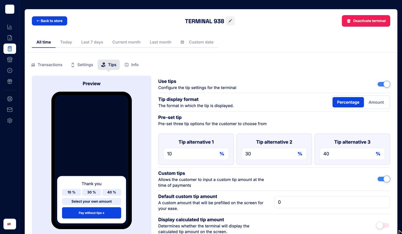 Terminal Tips tab with preset tip alternatives and a live preview