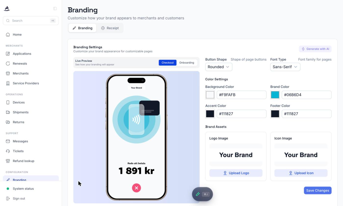 Branding tab with live preview, colour settings and brand assets
