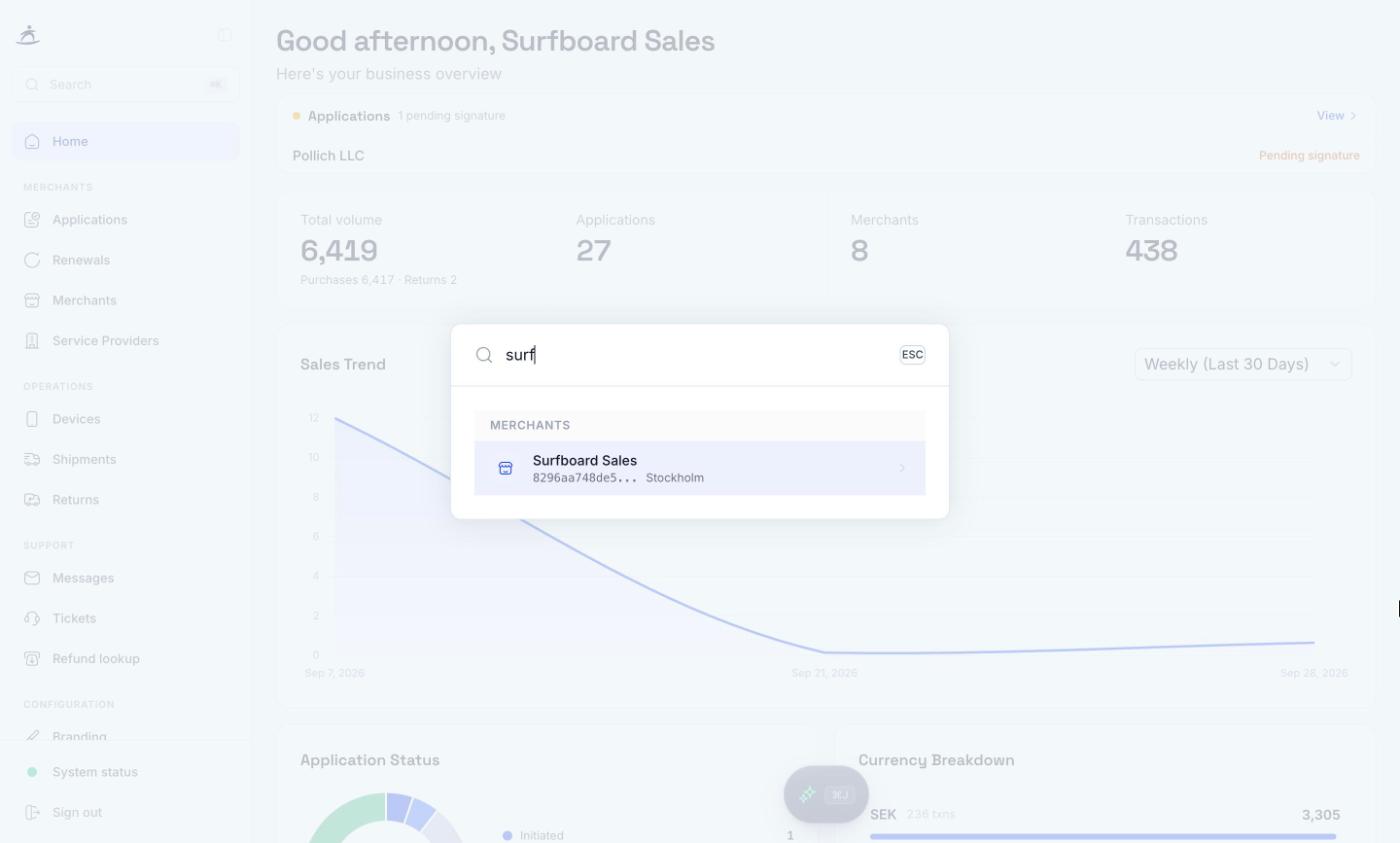 Global search showing a merchant result