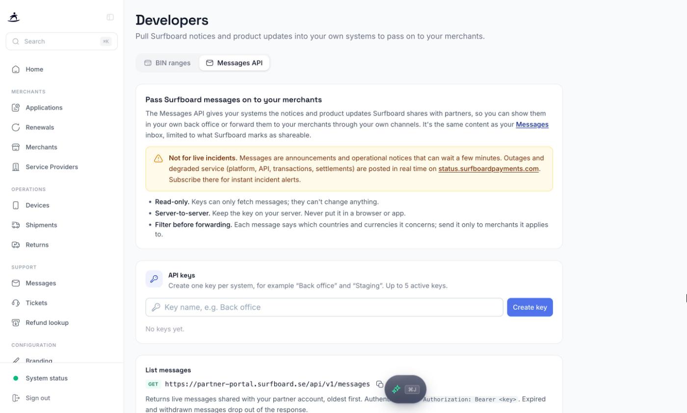 Messages API tab with the API keys section