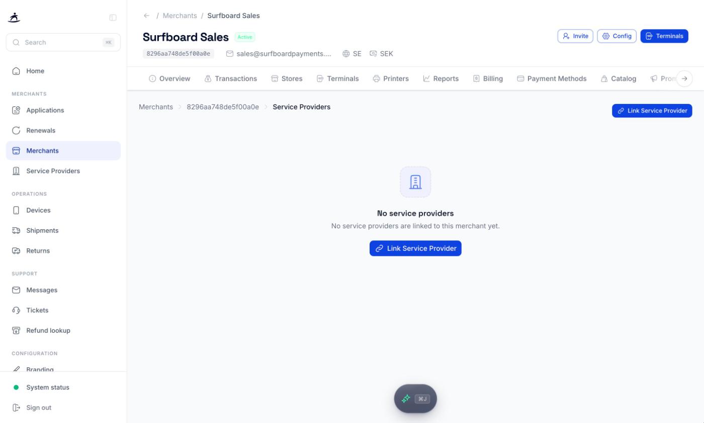 Service Providers tab on a merchant page