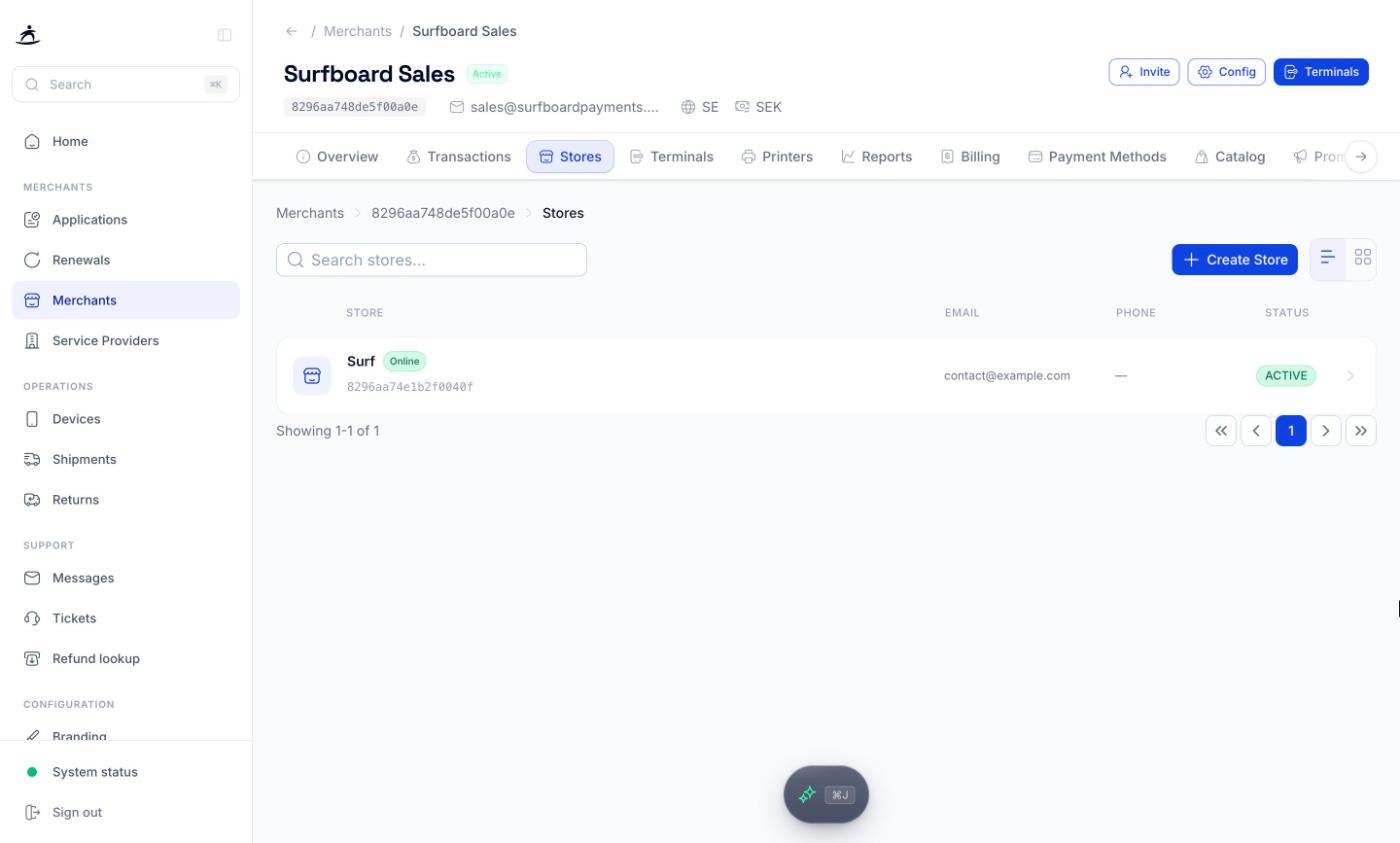 Stores tab with the store list and the Create Store button