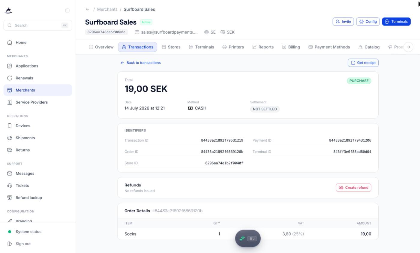 Transaction detail page with the Refunds section and the Create refund button