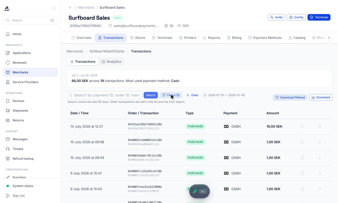 Transactions list for a merchant, with the period summary and the search bar