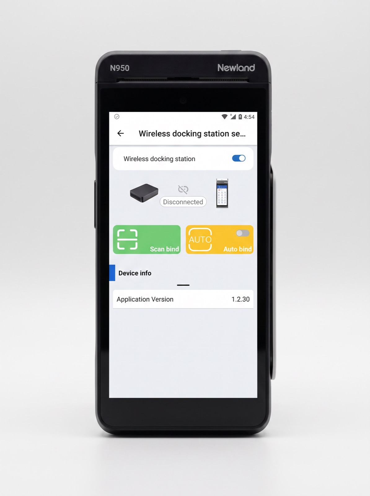 Wireless docking station enabled and showing Disconnected, with the Scan bind and Auto bind buttons