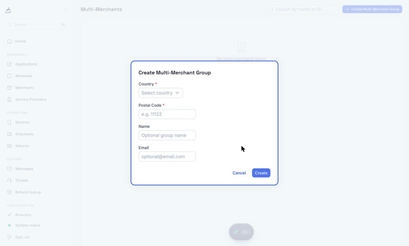 Create Multi-Merchant Group dialog