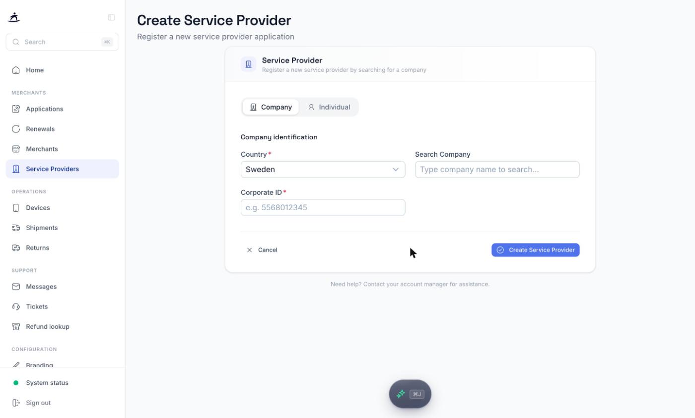 Create Service Provider form in Company mode