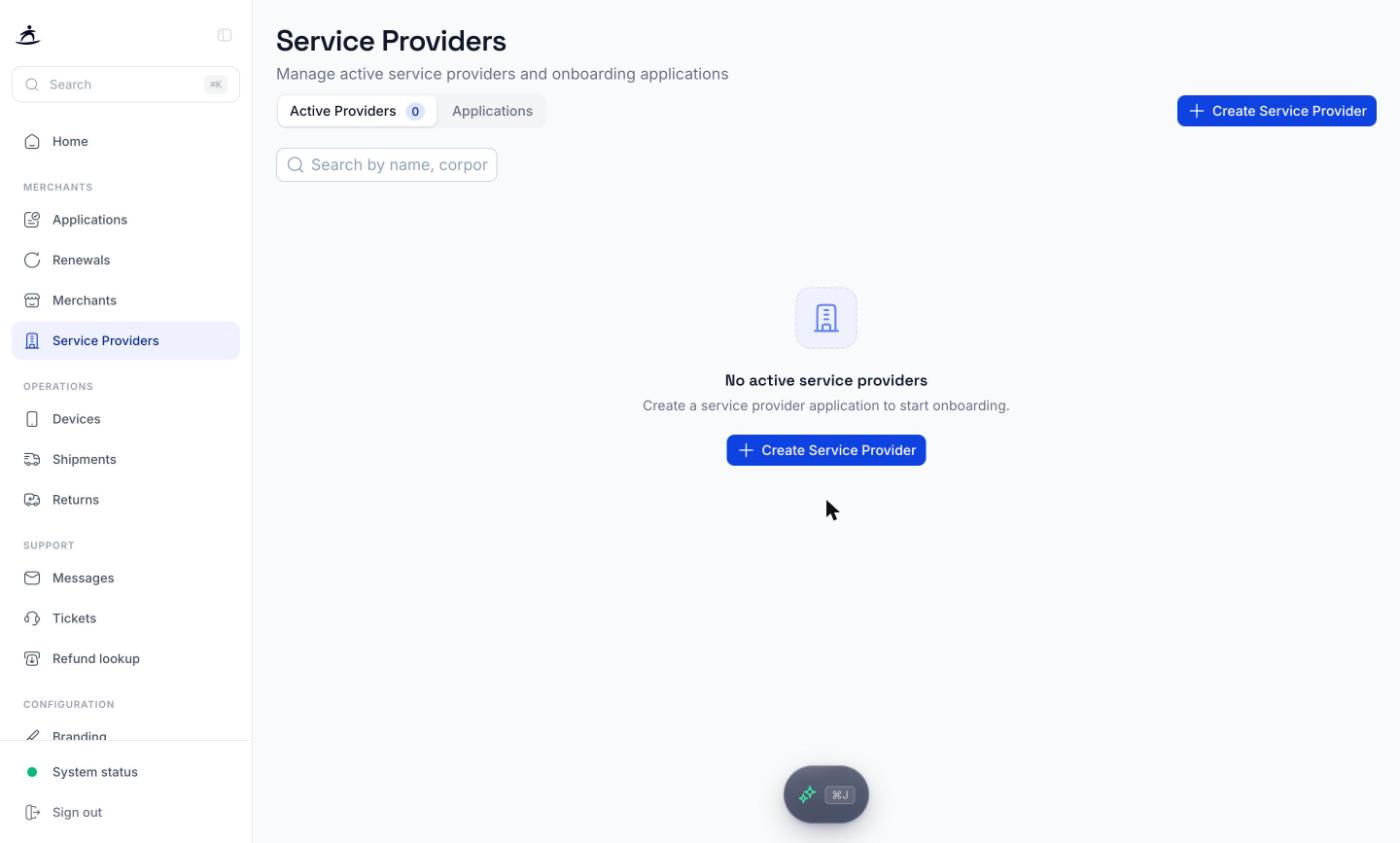 Service Providers page with the Active Providers and Applications tabs