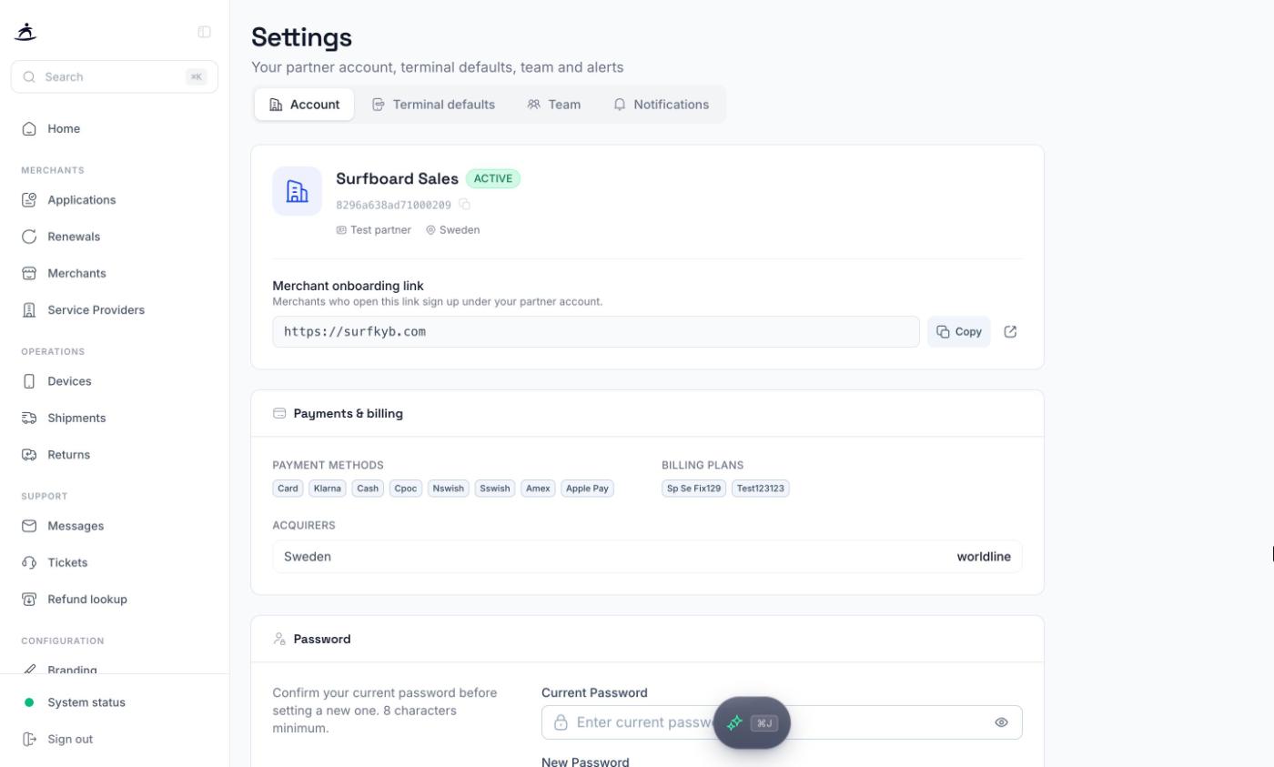 Settings Account tab with partner details, onboarding link and payments overview