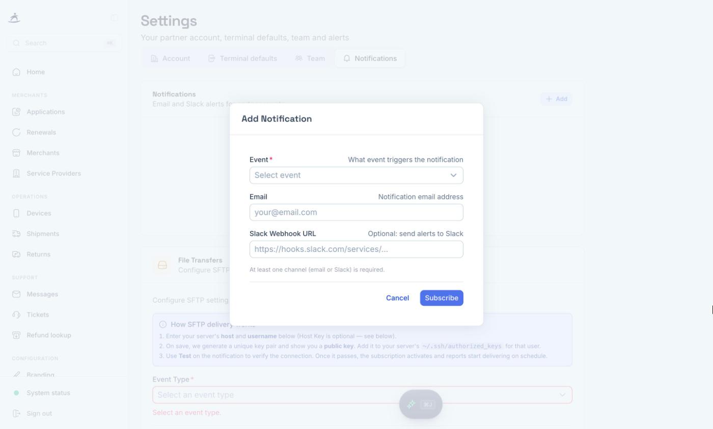 Add Notification dialog with event, email and Slack webhook fields