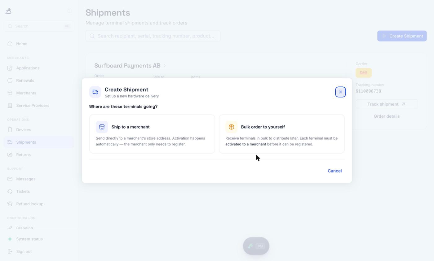 Create Shipment: choose Ship to a merchant or Bulk order to yourself